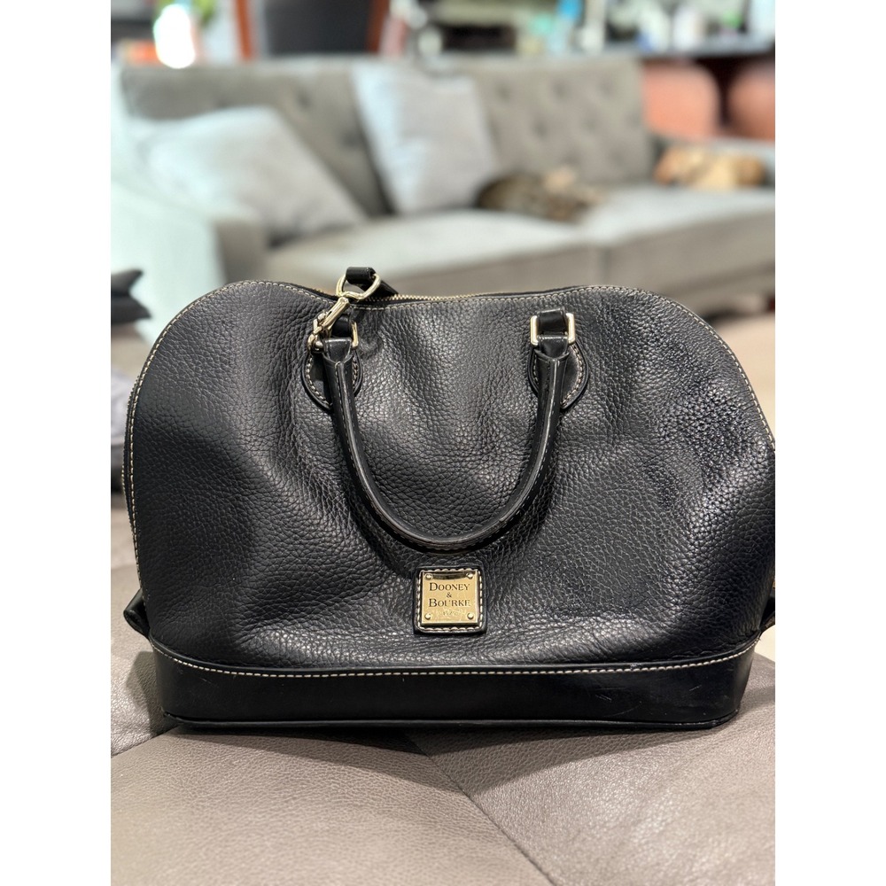 Dooney & Bourke Black Pebbled Leather Zip Zip Satchel Bag Gold Hardware